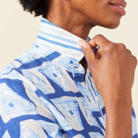 J. McLaughlin Lois Linen Small Blouse Blue White - Picture 4 of 13